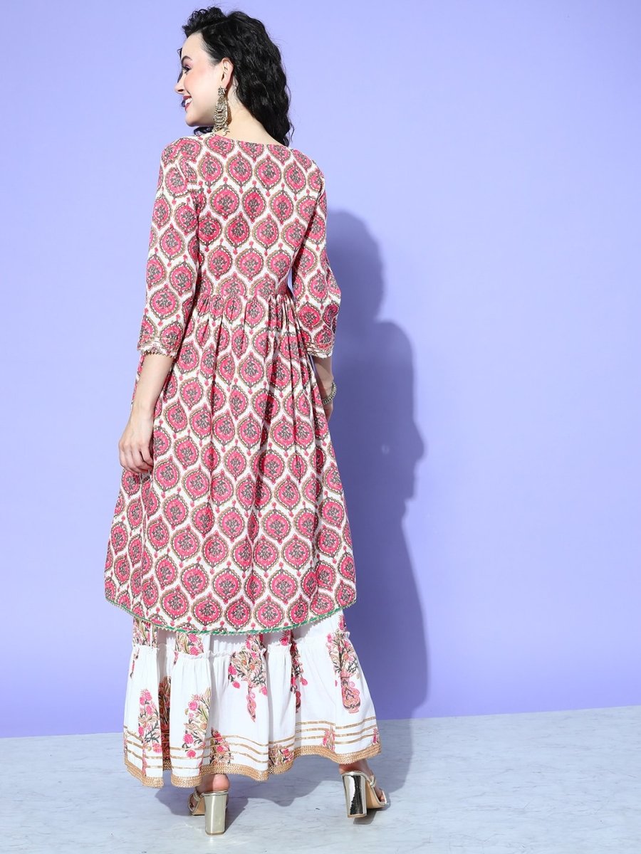All About You Women White Floral Printed Regular Gotta Patti Pure Cotton Kurta with Skirt & With Dupatta