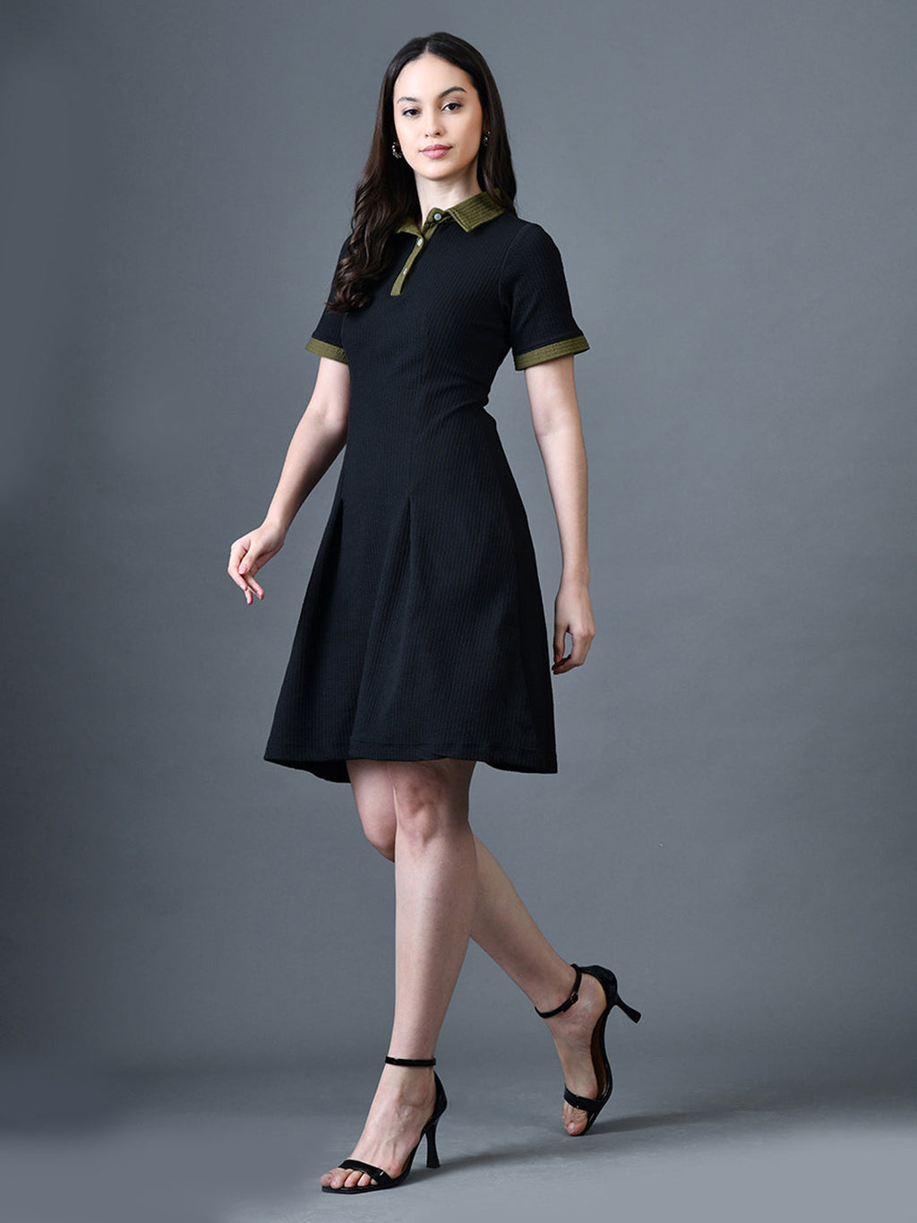 Myshka Women Black Polyester A-Line Shirt Collar Solid Above Knee Short Sleeves Dresses