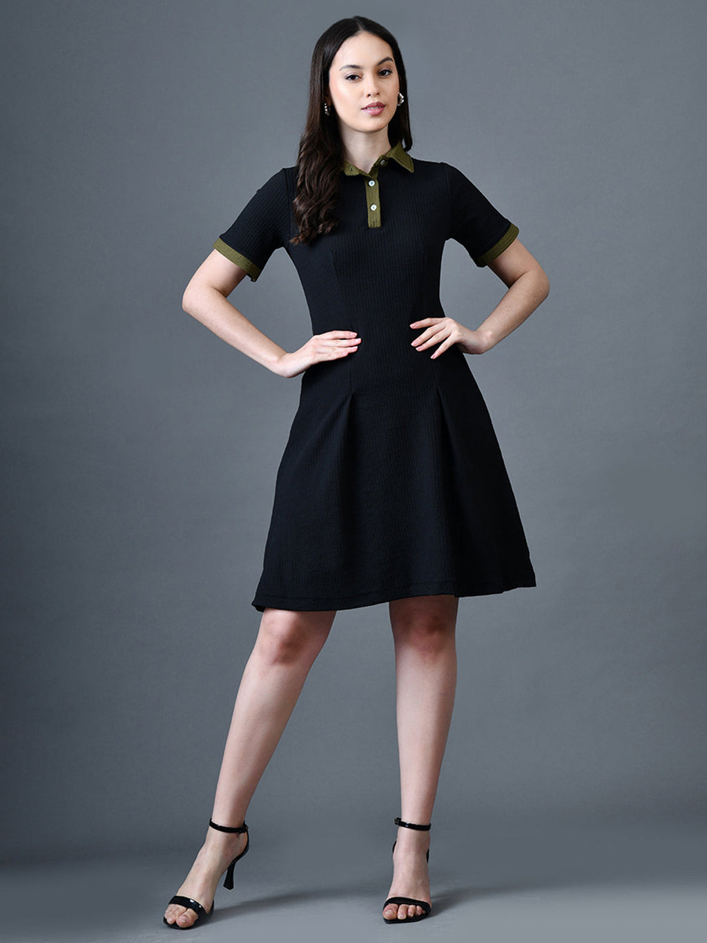Myshka Women Black Polyester A-Line Shirt Collar Solid Above Knee Short Sleeves Dresses