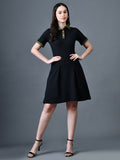 Myshka Women Black Polyester A-Line Shirt Collar Solid Above Knee Short Sleeves Dresses
