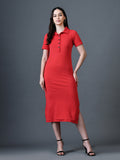Myshka Women Red Polyester A-Line Shirt Collar Solid Knee Length Short Sleeves Dresses