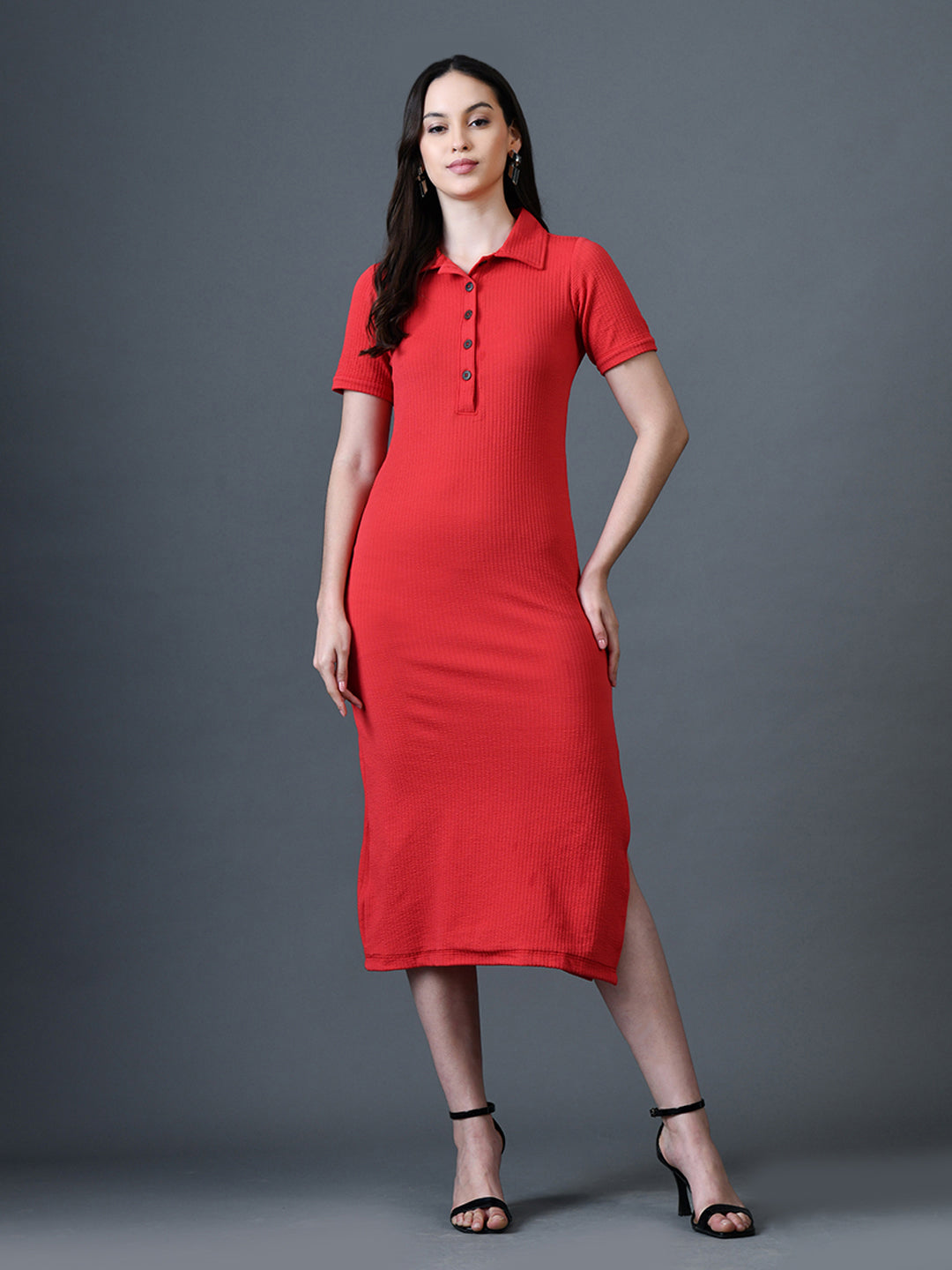 Myshka Women Red Polyester A-Line Shirt Collar Solid Knee Length Short Sleeves Dresses