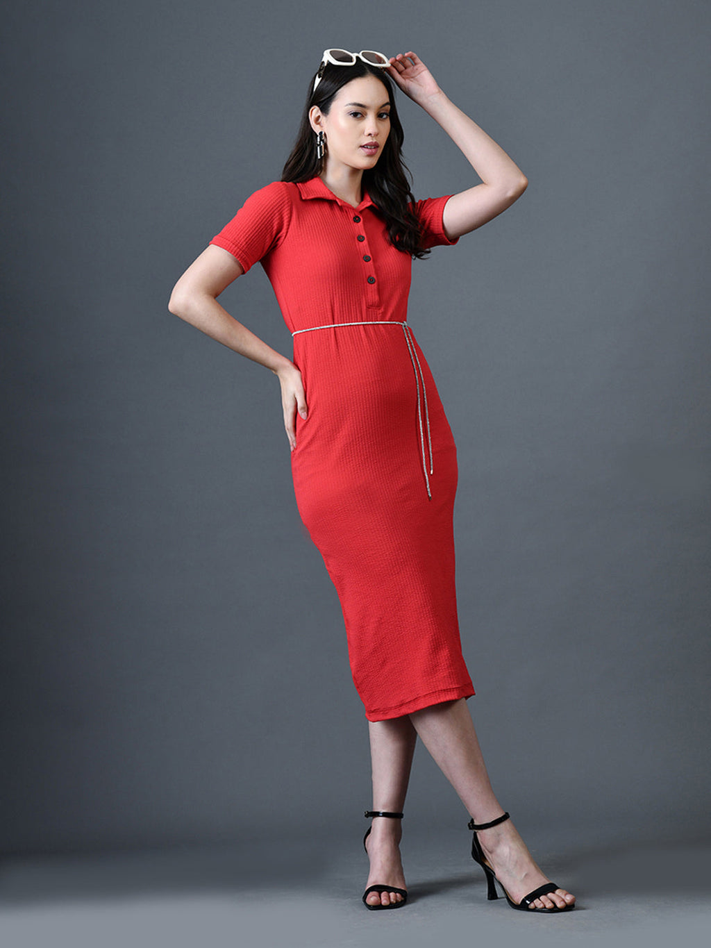 Myshka Women Red Polyester A-Line Shirt Collar Solid Knee Length Short Sleeves Dresses