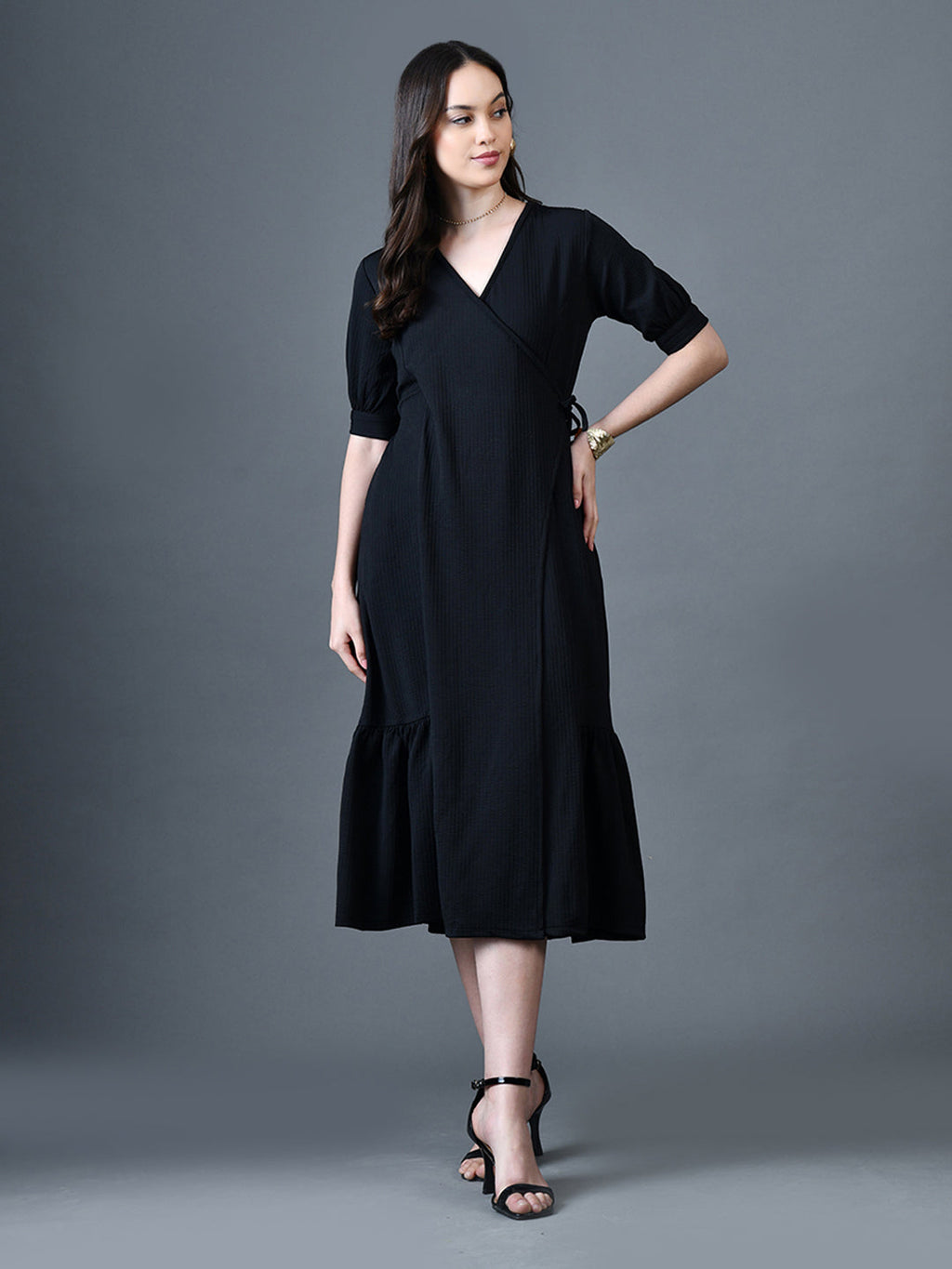 Myshka Women Black Polyester A-Line V-Neck Solid Knee Length Short Sleeves Dresses