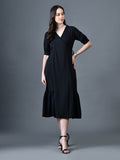 Myshka Women Black Polyester A-Line V-Neck Solid Knee Length Short Sleeves Dresses