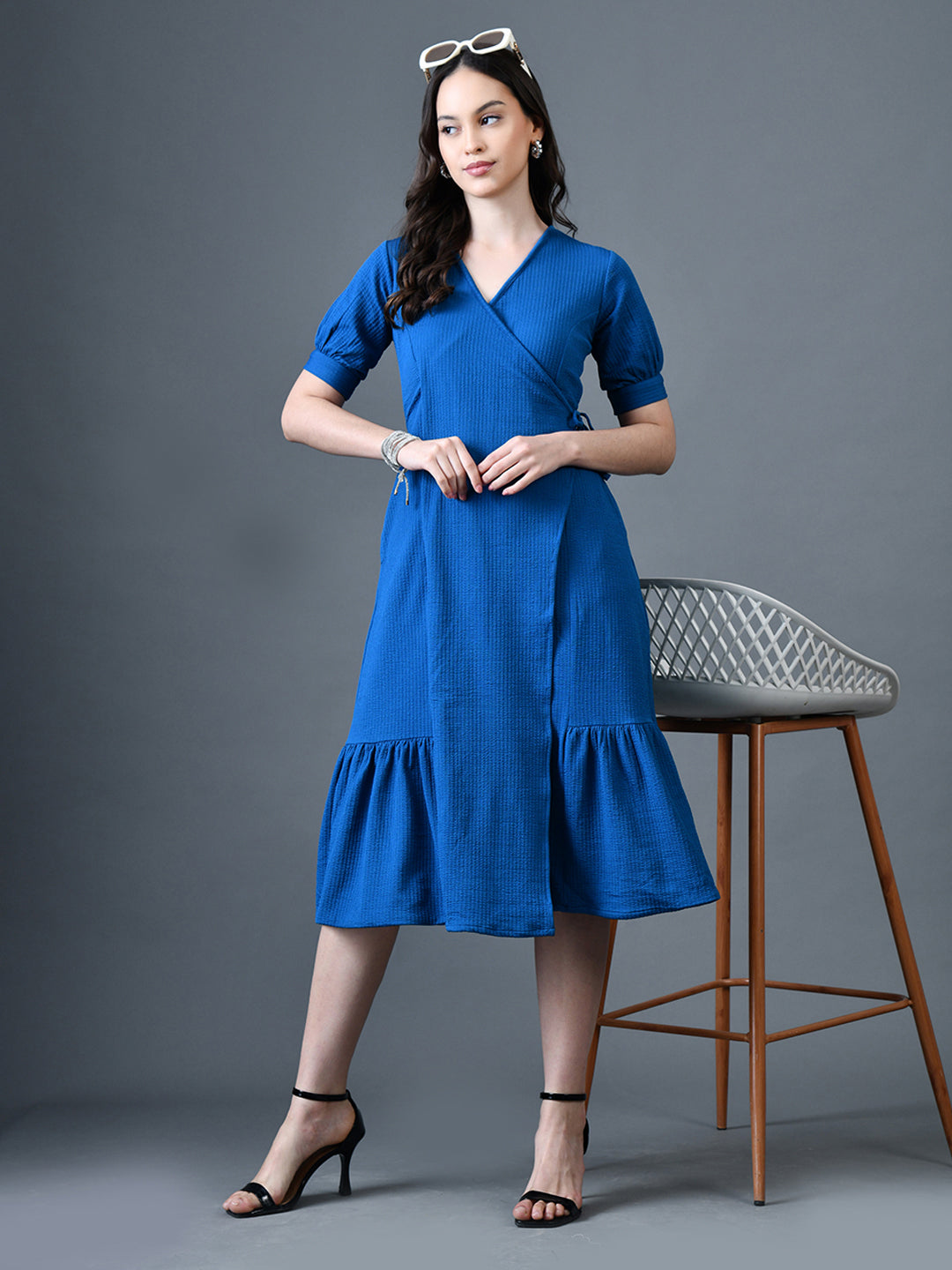 Myshka Women Blue Polyester A-Line V-Neck Solid Knee Length Short Sleeves Dresses