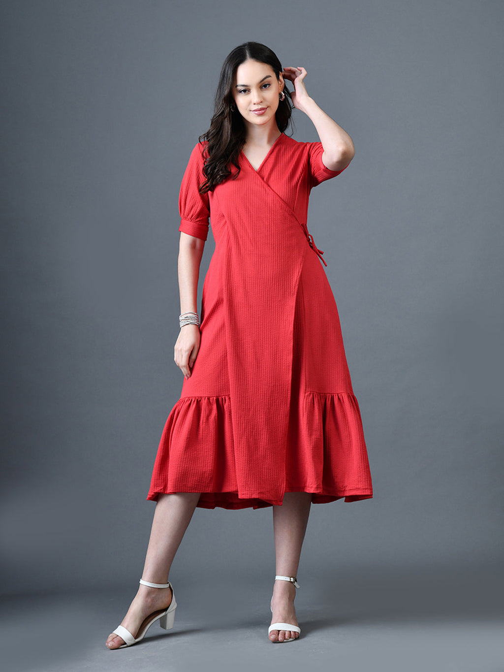 Myshka Women Red Polyester A-Line V-Neck Solid Knee Length Short Sleeves Dresses
