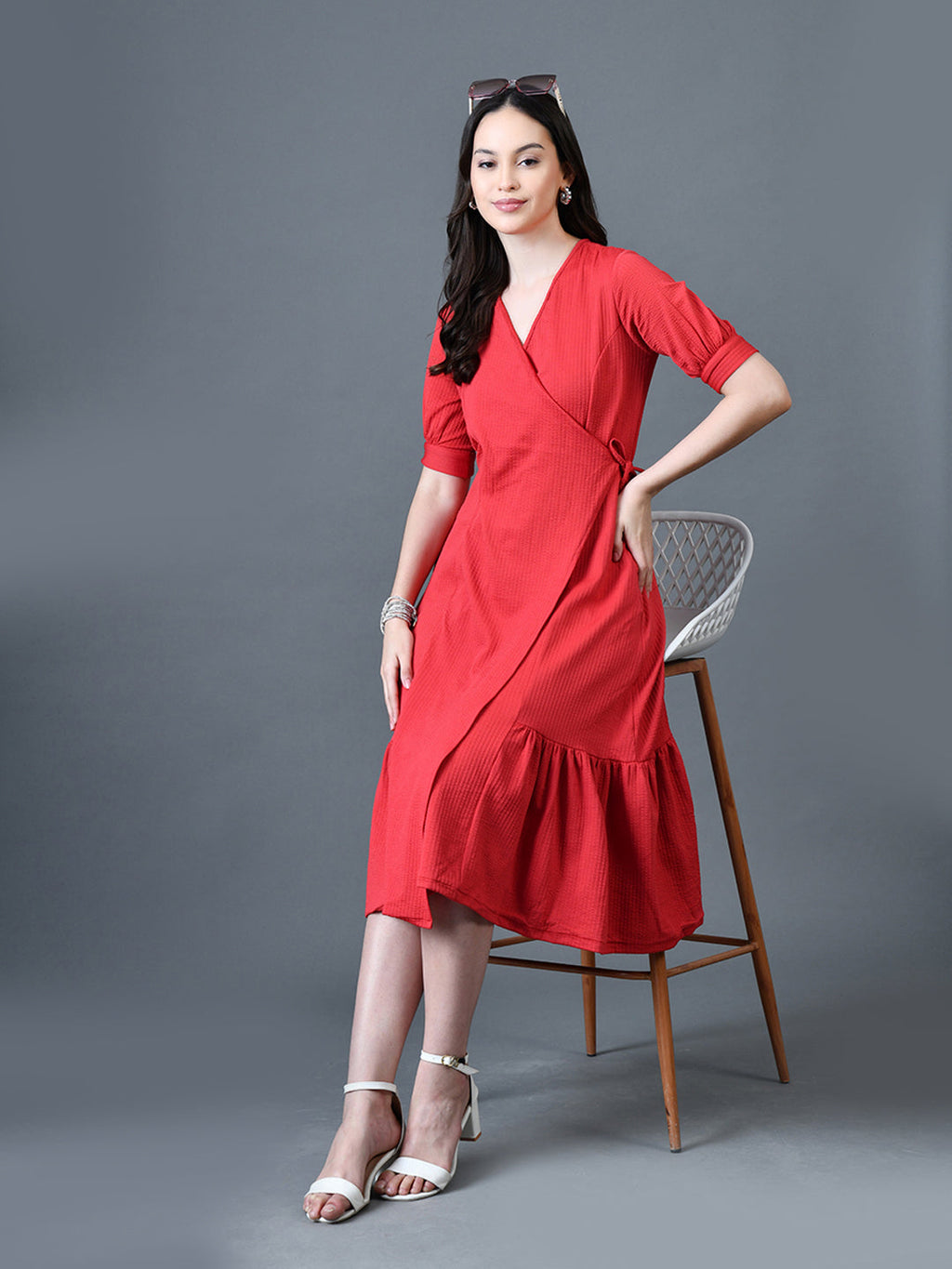 Myshka Women Red Polyester A-Line V-Neck Solid Knee Length Short Sleeves Dresses