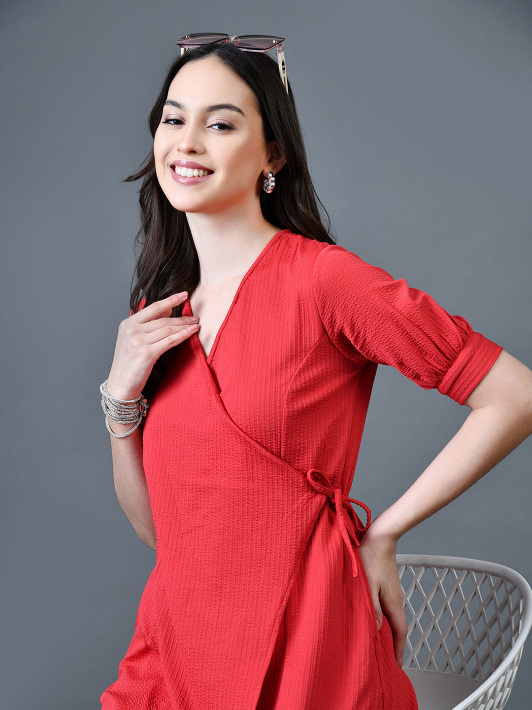 Myshka Women Red Polyester A-Line V-Neck Solid Knee Length Short Sleeves Dresses