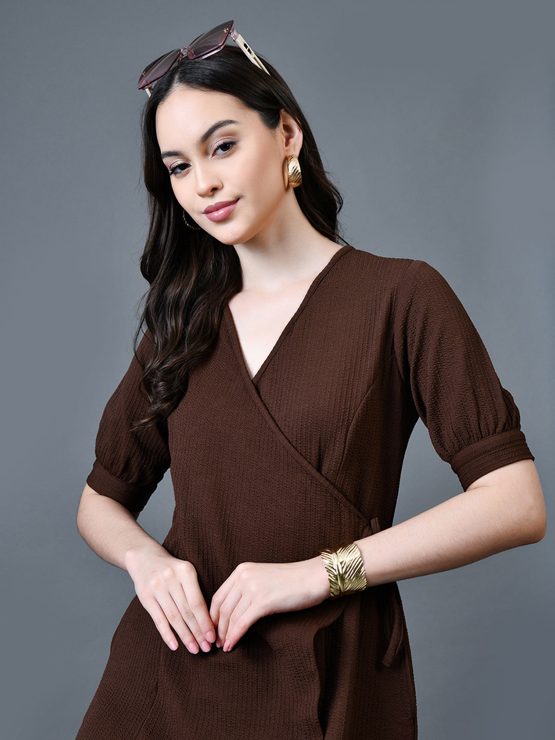 Myshka Women Brown Polyester A-Line V-Neck Solid Knee Length Short Sleeves Dresses