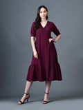 Myshka Women Magenta Polyester A-Line V-Neck Solid Knee Length Short Sleeves Dresses