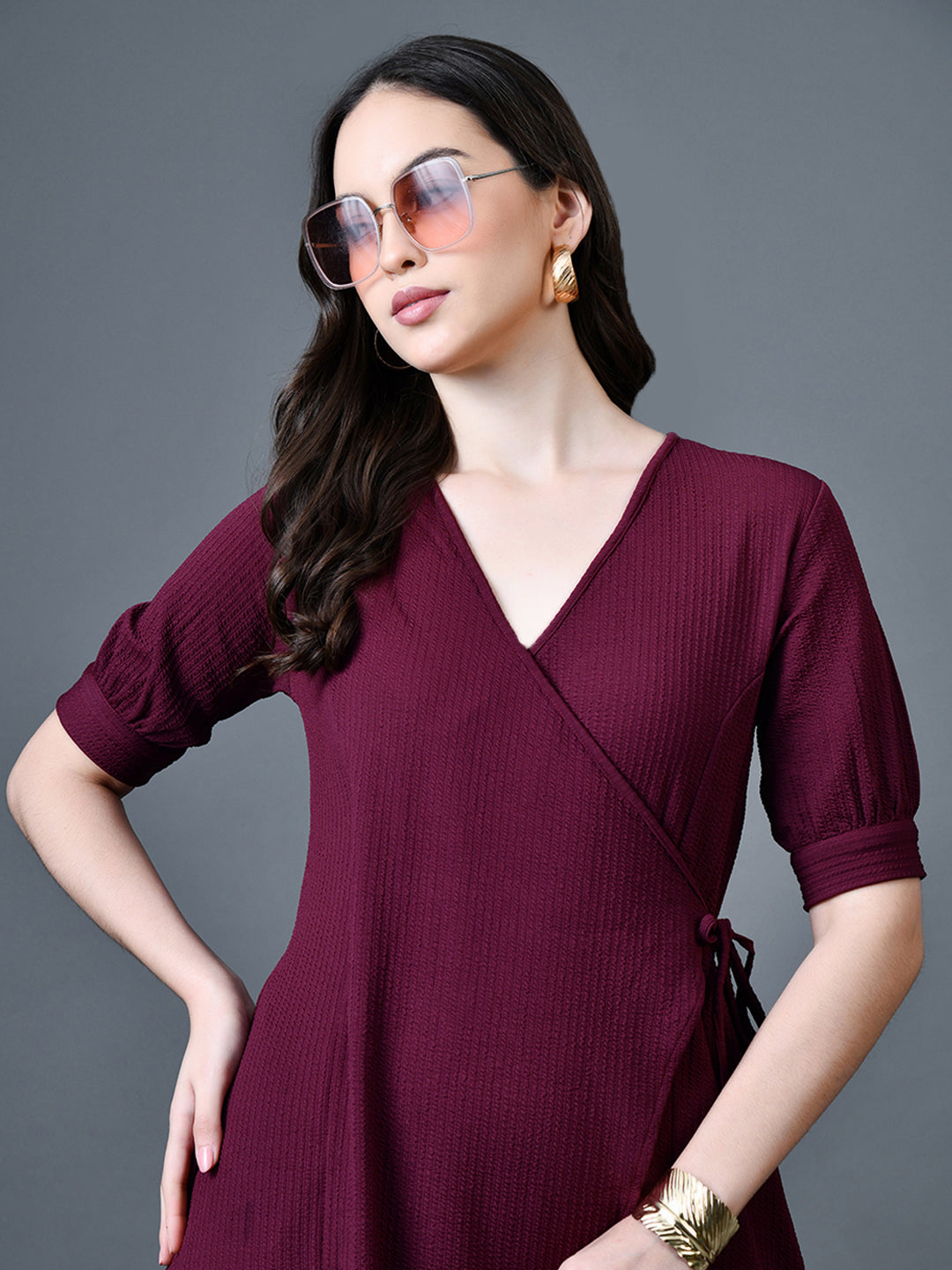 Myshka Women Magenta Polyester A-Line V-Neck Solid Knee Length Short Sleeves Dresses