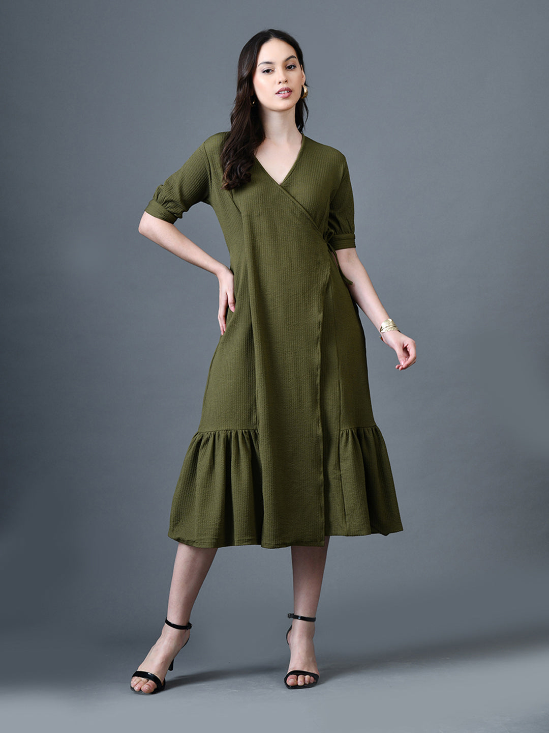 Myshka Women Olive Polyester A-Line V-Neck Solid Knee Length Short Sleeves Dresses