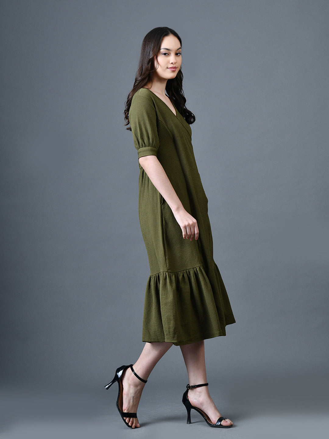 Myshka Women Olive Polyester A-Line V-Neck Solid Knee Length Short Sleeves Dresses