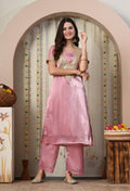 Myshka Pink Silk Blend Straight Round Neck Short Sleeves Kurta Trousers Set