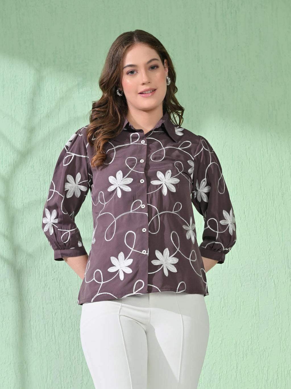 Myshka Women's Causal Printed Shirt Style Embroidered Top Brown Color