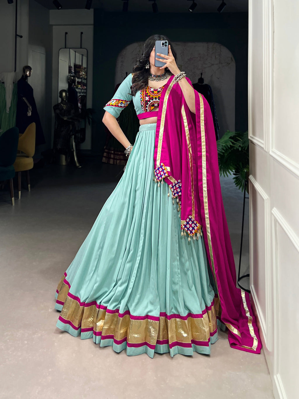 Lorenvalley Seagreen Pure Rayon Embossed Design Lace Touch Up Lehenga Choli with Dupatta