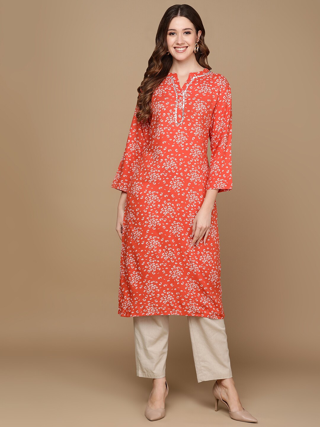HERE&NOW Rust Orange & White Floral Printed Straight Kurta