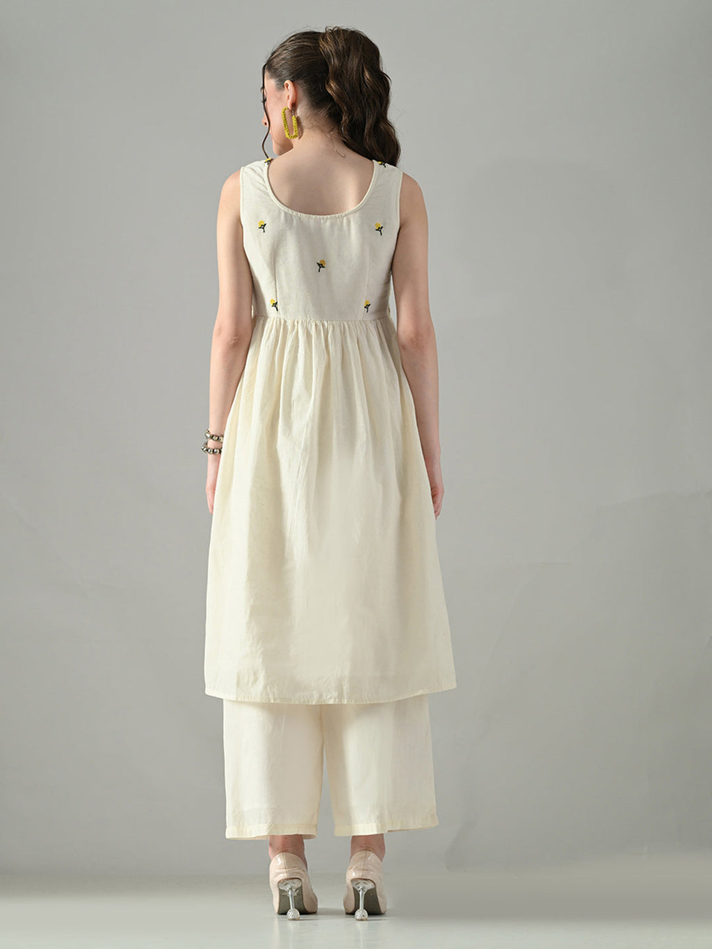 Myshka Women Off White Embroidered Long Kurta With Front Slit Trouser