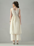 Myshka Women Off White Embroidered Long Kurta With Front Slit Trouser