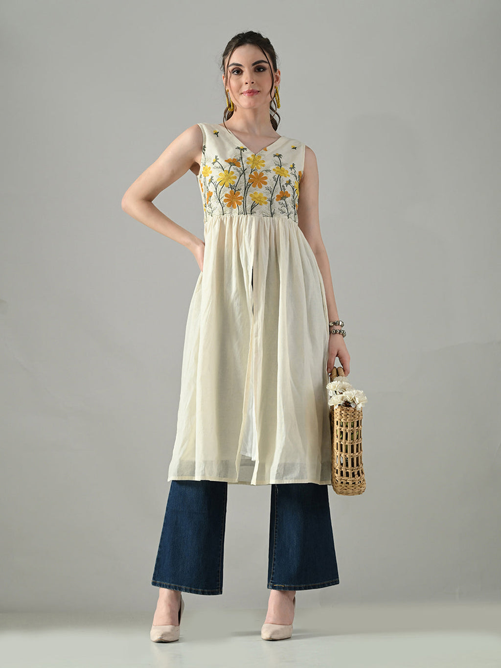 Myshka Women Off White Multicolor Thread Embroidered Sleeveless Long Kurta