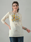 Myshka Women Off White Multicolor Thread Embroidered Tunic Three Quarter Sleeves Round Neck