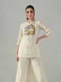 Myshka Women Off White Multicolor Thread Embroidered Tunic Three Quarter Sleeves Round Neck