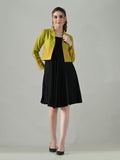 Myshka Women Green Embroidered Jacket With Black Knee Length Dress
