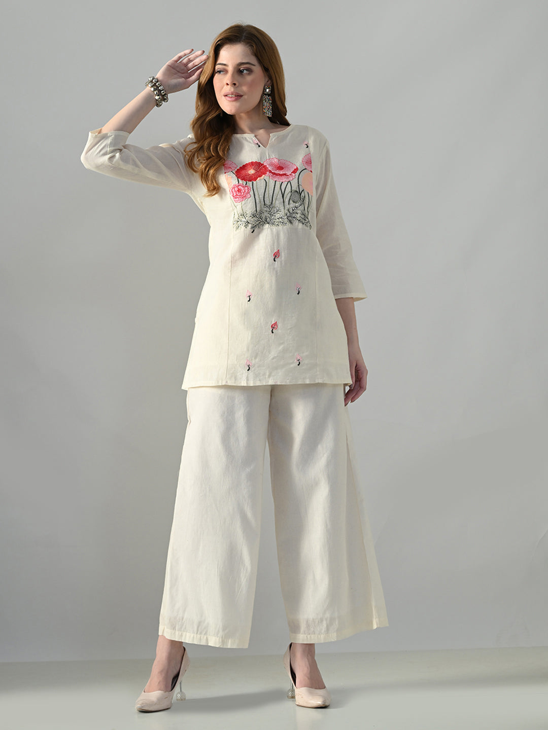 Myshka Women Off White Multicolor Thread Embroidered Co-Ord Set