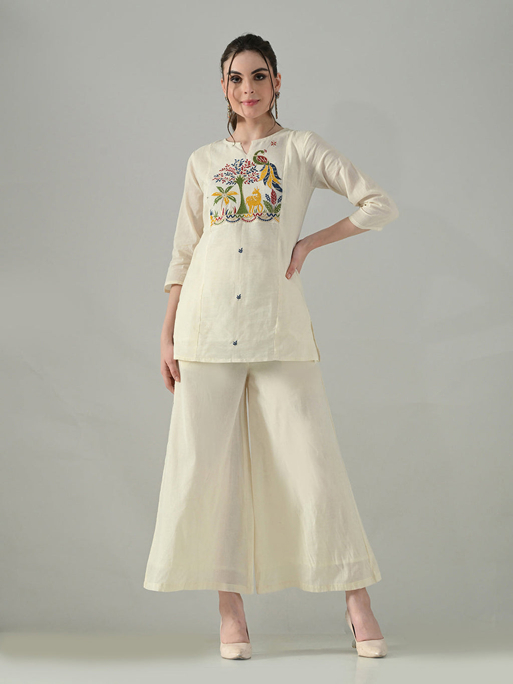 Myshka Women Off White Multicolor Thread Embroidered Co-Ord Set