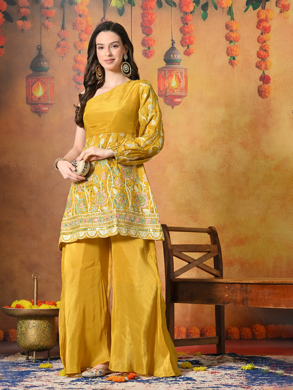Myshka Women Yellow Embroidered Off Shoulder Kurta Set Festive Wear