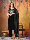 Myshka Women Black Velvet Embroidered Yoke Sleeveless Kurta Set with Dupatta