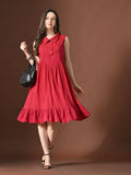 Myshka Women Embellished Embroidered Fit & Flare Dress Shirt Collar Sleeveless