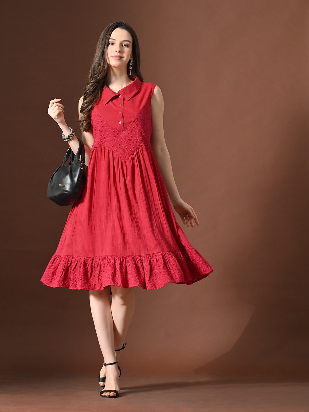 Myshka Women Embellished Embroidered Fit & Flare Dress Shirt Collar Sleeveless