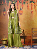 Myshka Women Green Viscose Strap Crop Top Sleeveless Jacket with Flared Trouser