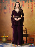 Myshka Women Wine Velvet Flared Sleeves Kurta Set