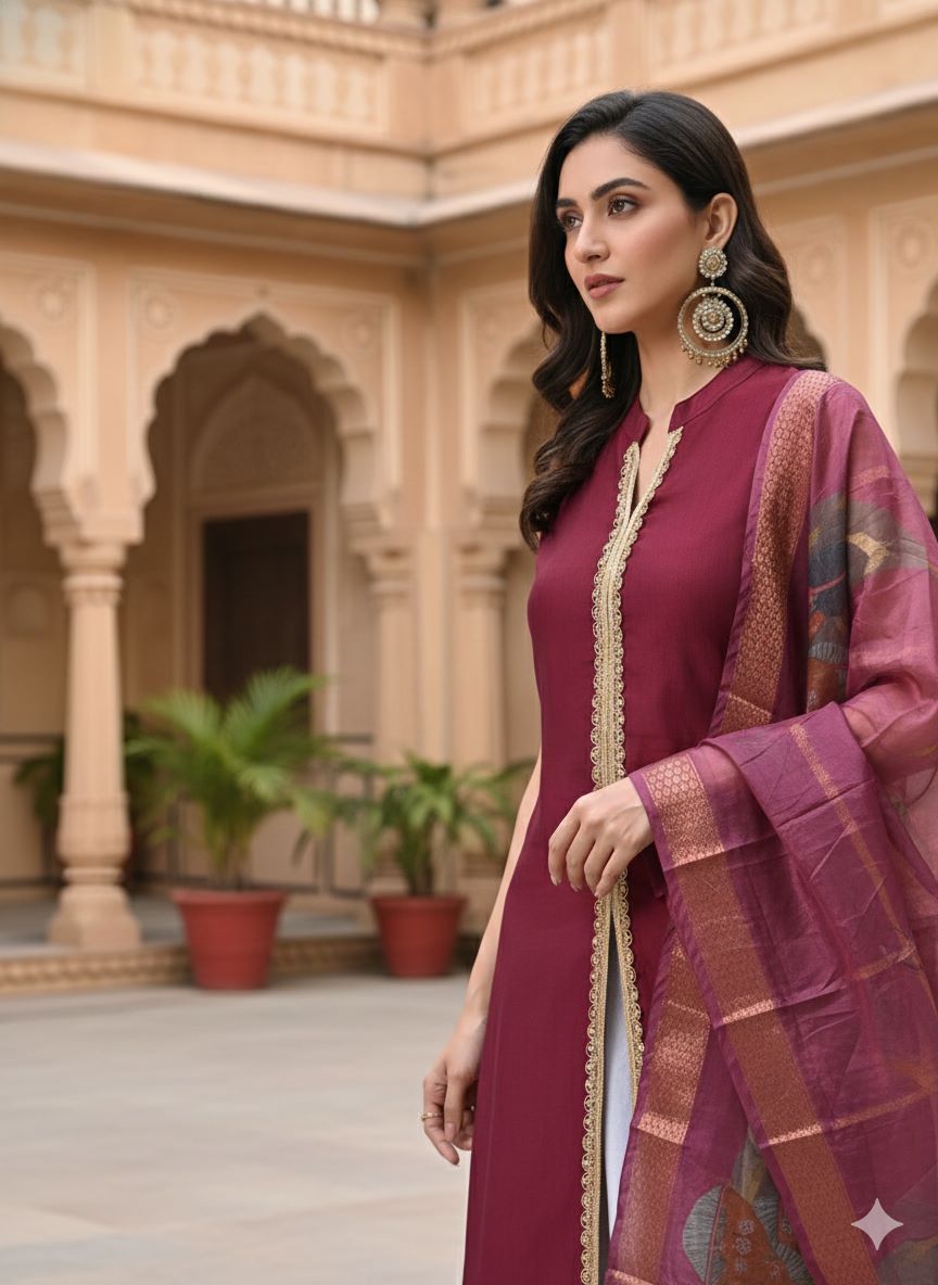Myshka Women Wine Sleeveless Kurta, White Palazzo with Printed Organza Dupatta