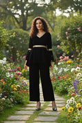 Myshka Women Black Velvet Peplum Top with Belt & Trouser Co-ord Set