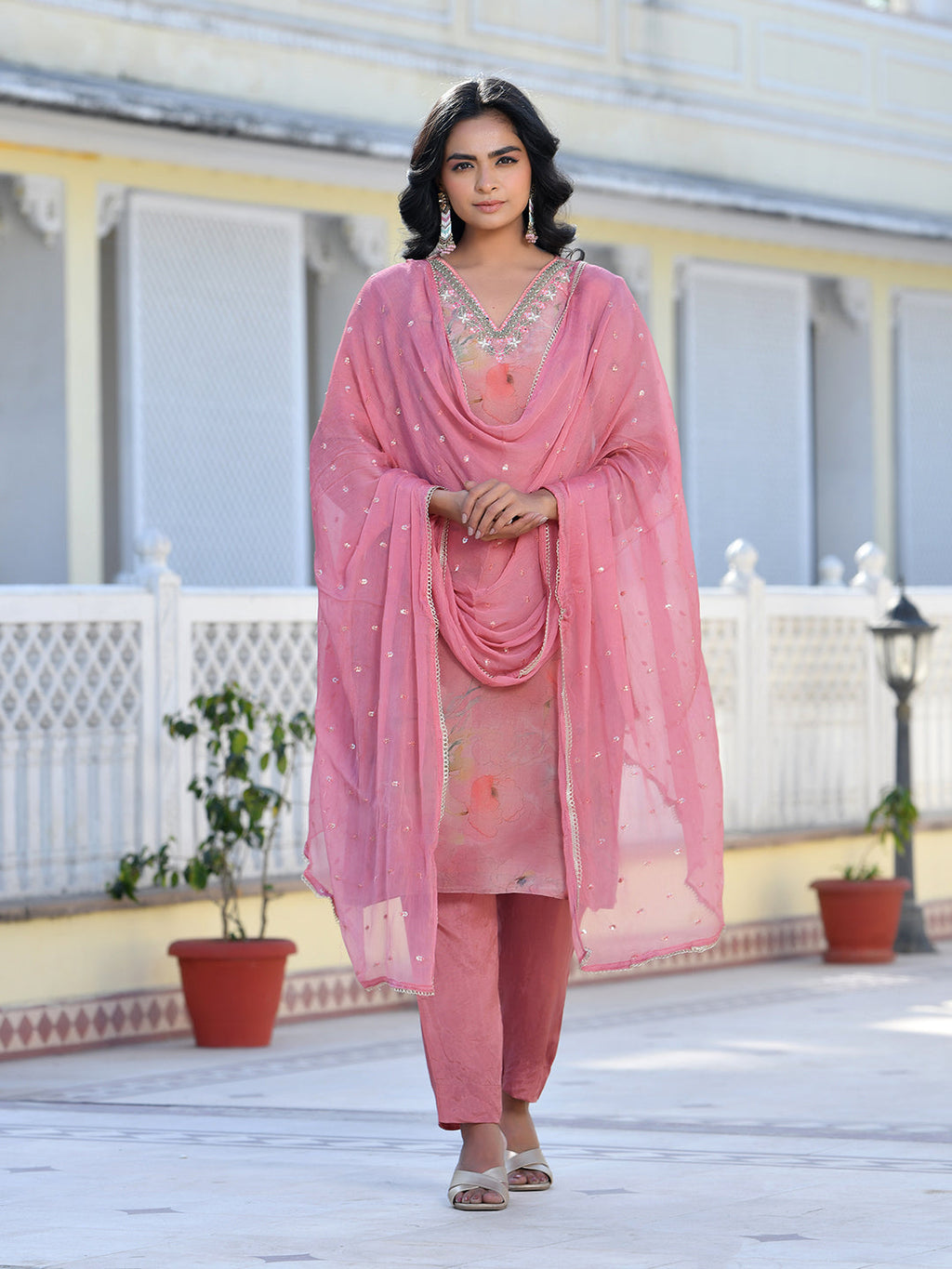 Vaasva Women's Pink Viscose Tissue Digital Printed Suit Set