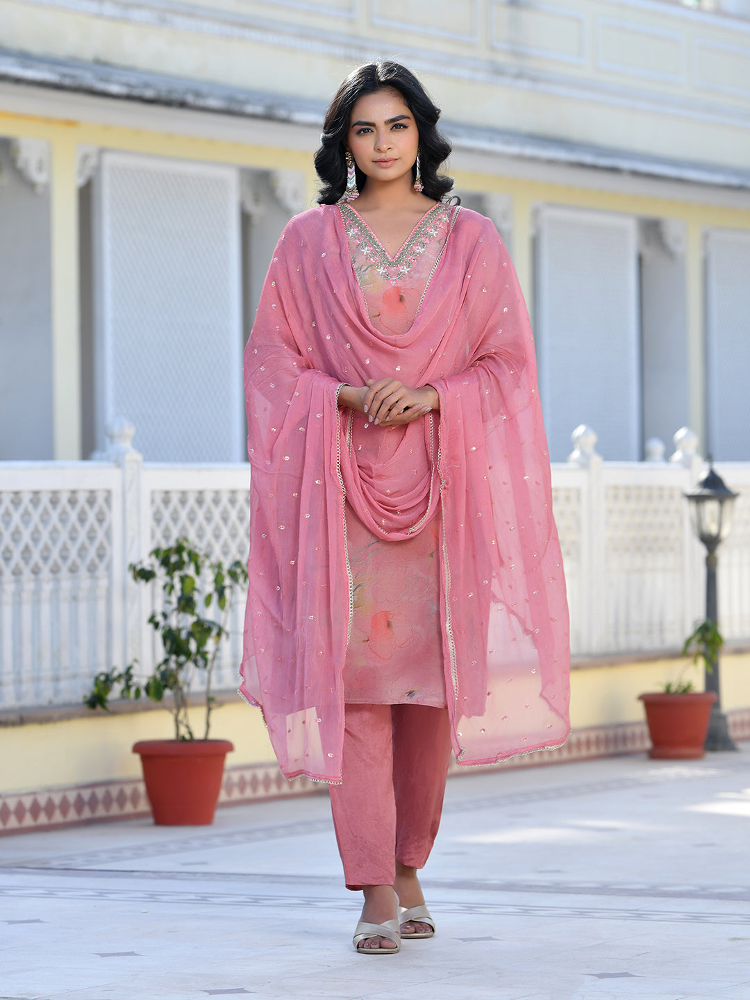 Vaasva Women's Pink Viscose Tissue Digital Printed Suit Set