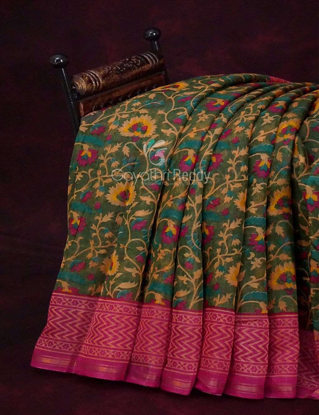Shades of Dark Green With Rose Pink Blouse Creeper Design Semi Chanderi Saree By Gayathri Reddy Designer Studio
