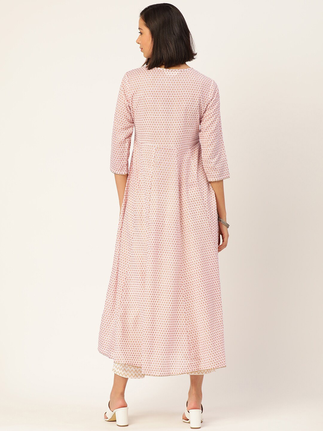 HERE&NOW Women Cream-Coloured Pleated Kurti with Trousers & With Dupatta