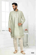 Raivat Ethnic Art Silk Embroidery Work 3 Pcs Indo Jacket Set In Pista Green Colour