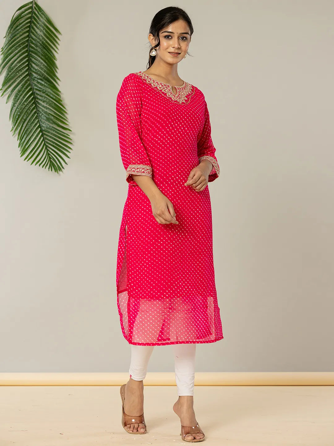 Yufta Hot Pink Georgette Lehriya Embroidery Kurta