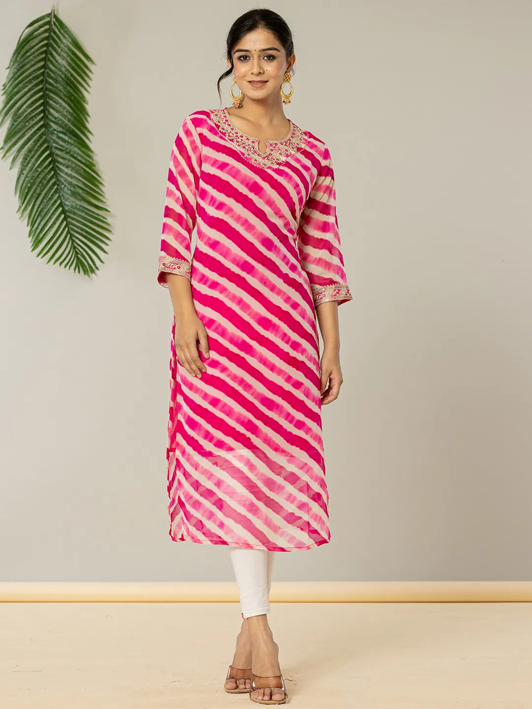 Yufta Pink Georgette Lehriya Embroidery Kurta
