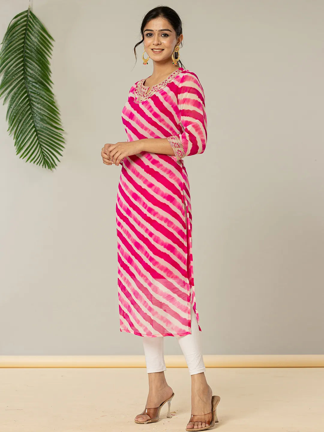 Yufta Pink Georgette Lehriya Embroidery Kurta