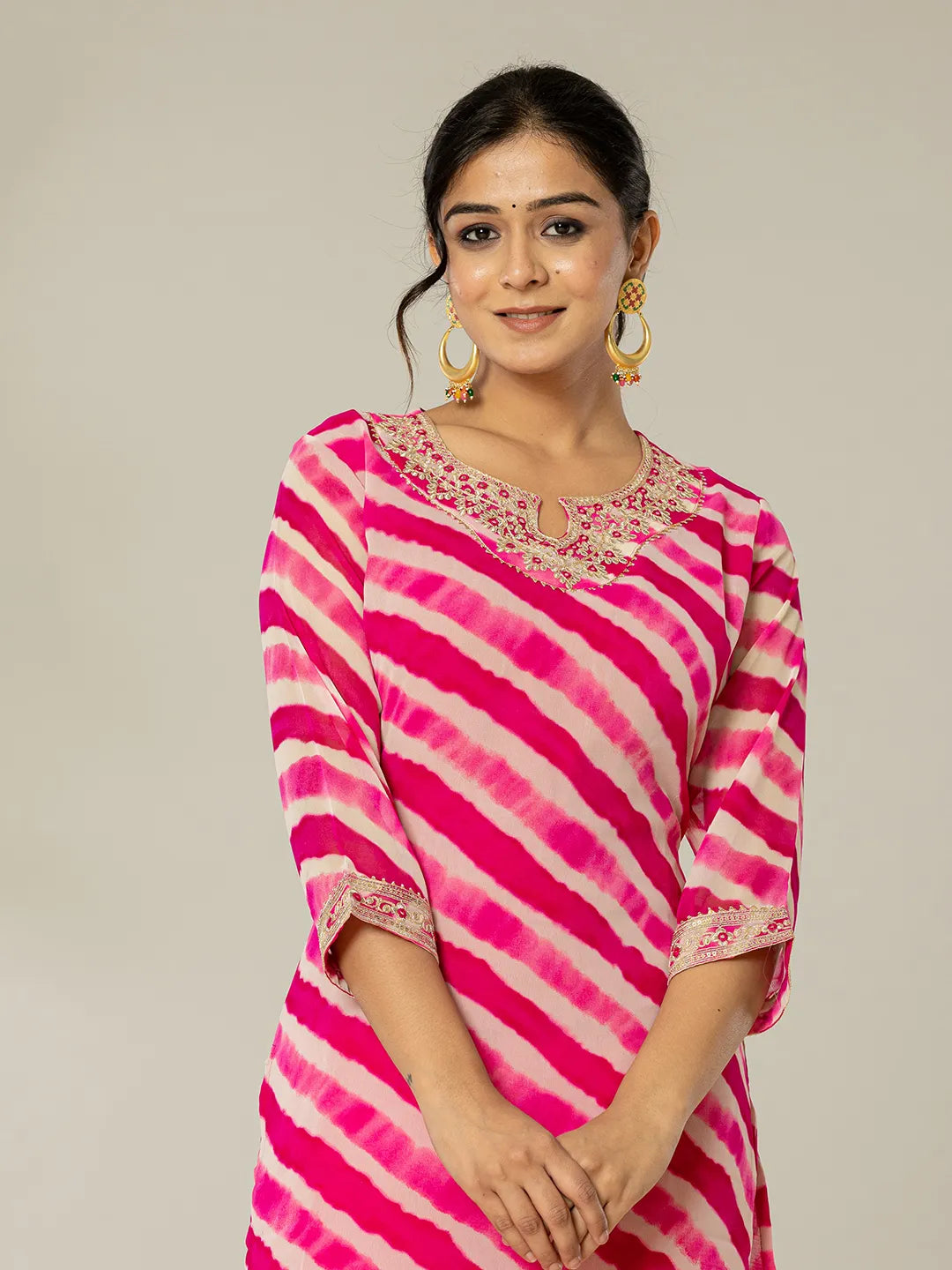 Yufta Pink Georgette Lehriya Embroidery Kurta