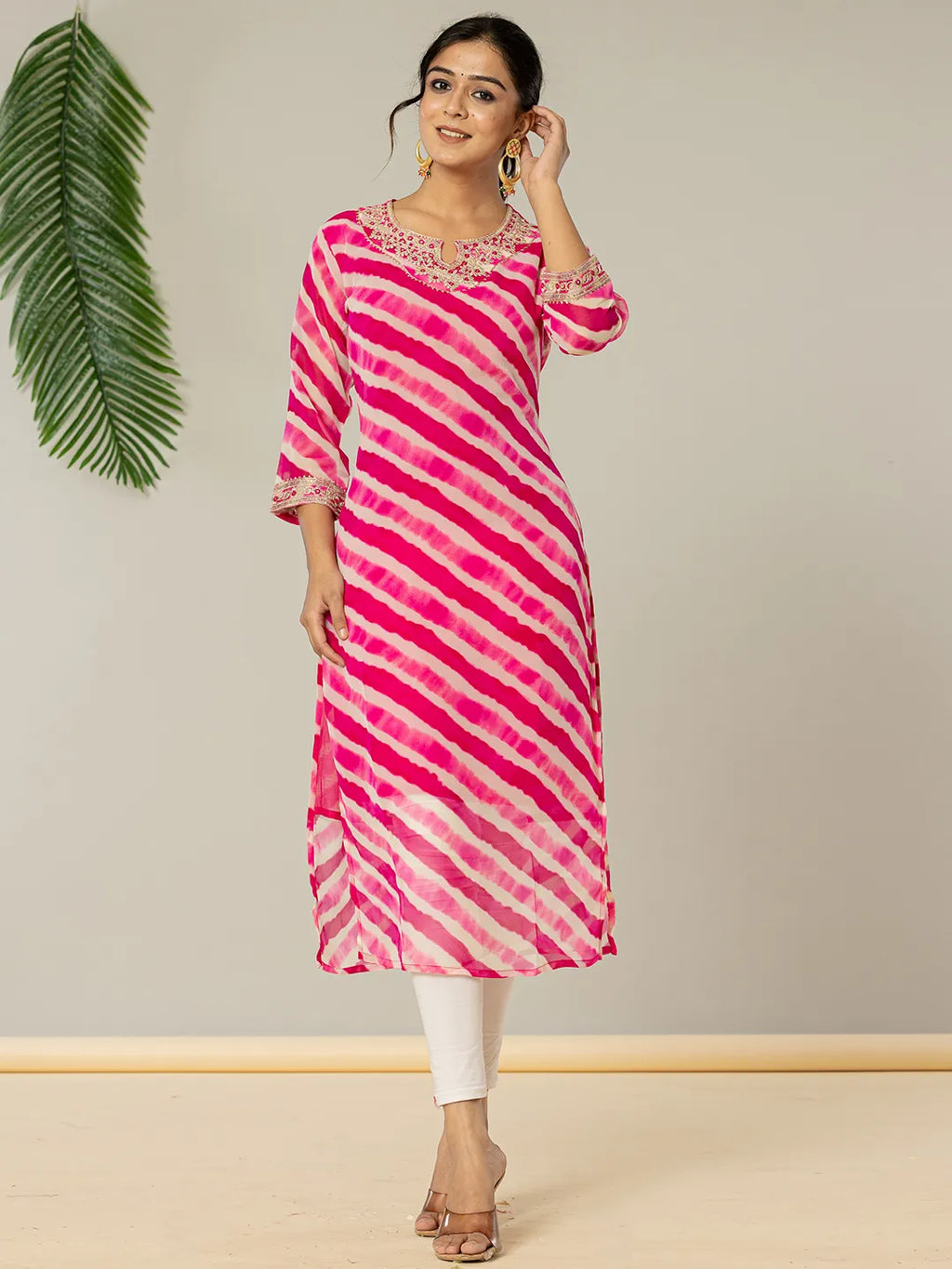 Yufta Pink Georgette Lehriya Embroidery Kurta