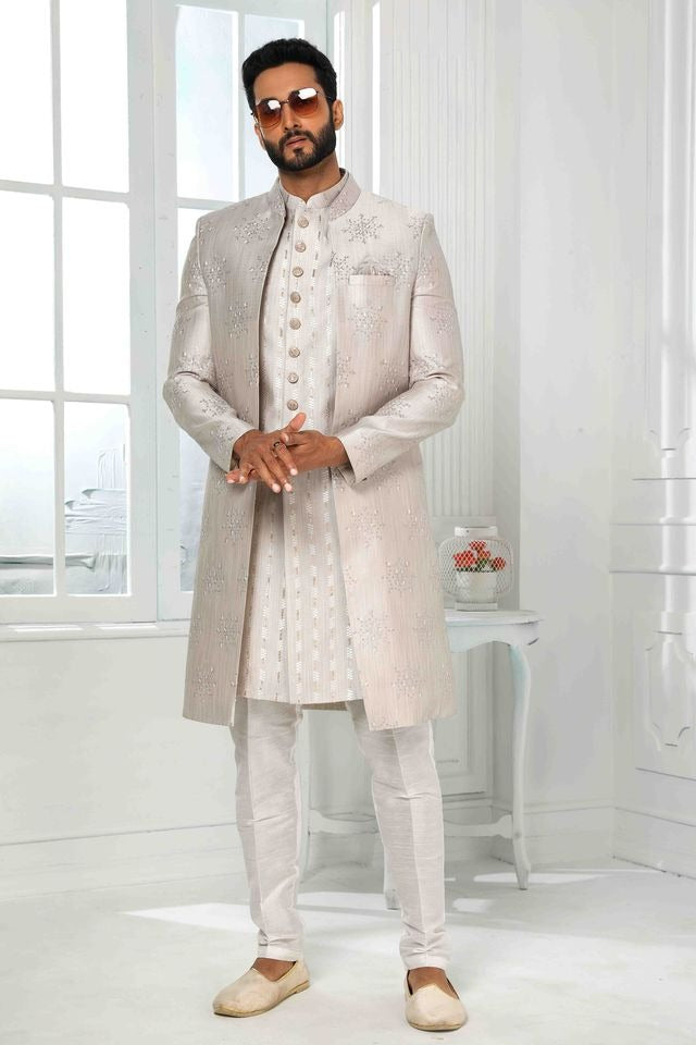 Raivat Ethnic Art Silk Embroidery Work 3 Pcs Indo Jacket Set In Light Grey Colour