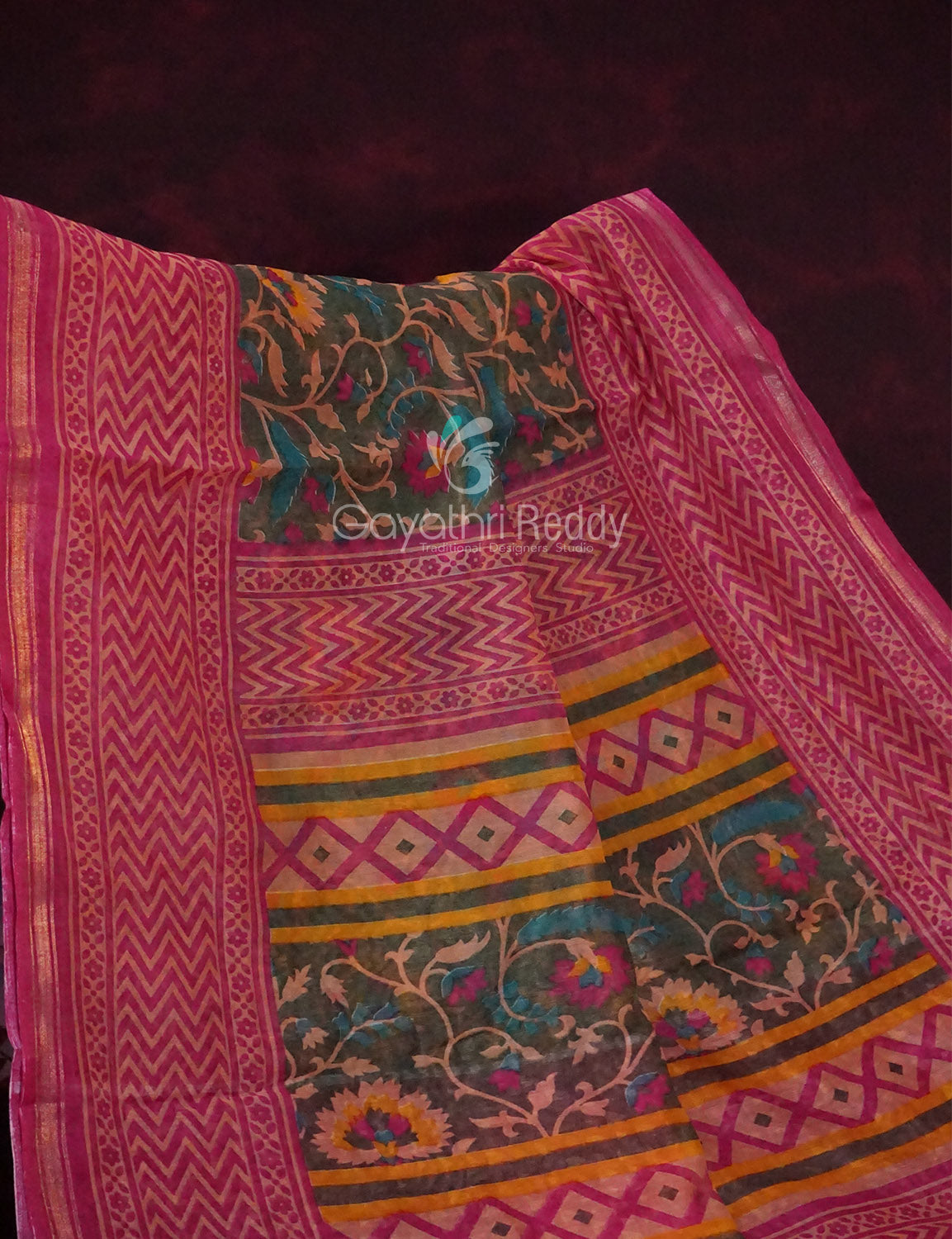 Shades of Dark Green With Rose Pink Blouse Creeper Design Semi Chanderi Saree By Gayathri Reddy Designer Studio